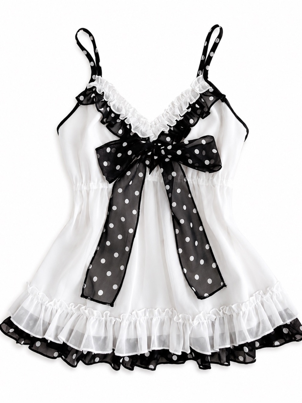 White & Black Polka Dot Coquette Bow Babydoll Cami Top